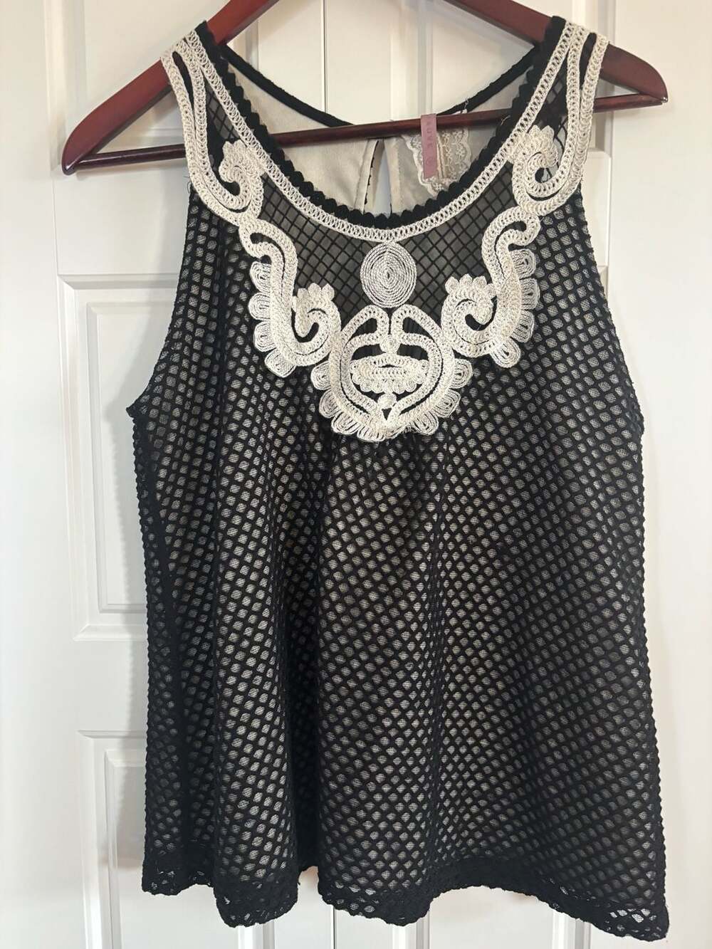 MAUVE Women's Black Mesh Sleeveless Tank Top with Crochet Embellished Neckline